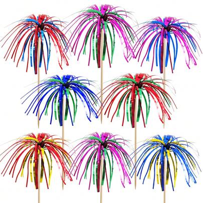 200pcs Cocktail Picks, Shiny Metal Wire Paper Cup Cake Picks, Creative Firework Shaped Sandwich And Cocktail Picks Fruit Picks Paper Cup Cake Decor Sticks, 9 Inch Happy Birthday Cake Decor Picks, Cocktail Picks, Christmas, Baby Shower, Birthday Party Decorations