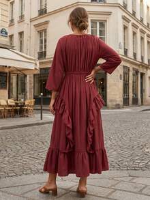 Women's Fall Ruched Dress Elegant Solid Color Long Sleeve Scoop Neck Loose Fit Dress For Daily Event Wear - Red - View 6