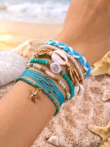 7pcs Bohemian Ocean Vacation Style Handmade Woven Faux Pearl Starfish Blue Seed Bead Bracelet Set - Multicolor - View 1