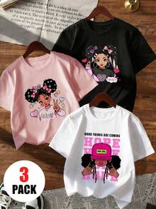 3件套女童休闲印花圆领短袖T恤，夏季学生童装 - 时尚女童印花T恤为每个孩子带来欢乐和幸福！ - 粉色 - 查看 2