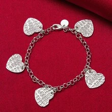 925纯银镀层五心雕刻图案吊坠手链，女士魅力婚礼订婚派对首饰 - 銀色 - 查看 2