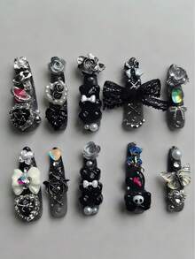 10pcs Gothic Style Nail Stickers, Luxury Unique Silver Gradient Glitter High-End Design, Skull, Metal Rabbit, Rose, Cross, Bow, Pearl, Teddy Bear And Other Punk Metal Y2K Nail Art Elements - Multicolor - View 11