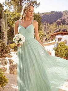 EVERPRETTY Elegant Green Chiffon Dress, Crossover Straps, Lace Back Sheer Fabric, Suitable For Wedding Guest, Formal Dinner, Birthday Party And Other Occasions - Mint Green - View 11