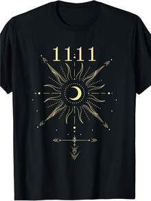 Camiseta retro de edición limitada con el número de ángel 1111 en numerología, hecha de 100% algodón. Presenta un diseño celestial con el sol, la luna y las estrellas, perfecto para Halloween, Navidad, yoga. - Negro - Ver 2