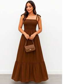 Women's Long Dress With Elastic And Adjustable Straps, Casual Style. - 鏽棕色 - 查看 1