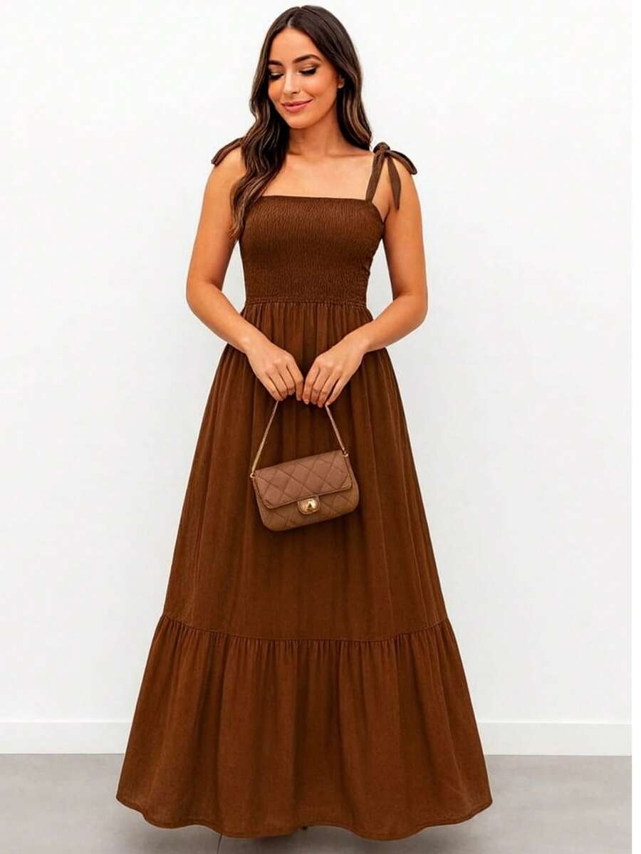 Women's Long Dress With Elastic And Adjustable Straps, Casual Style. - 鏽棕色 - 查看 1