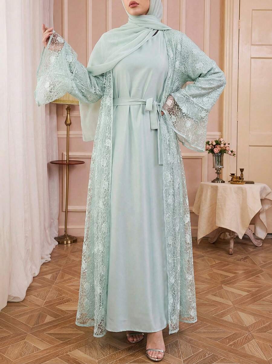 Solessence Modest Lace Abaya Sequin Lace Abaya With Inner Dress Two-Piece Abaya Set Occasion Dress