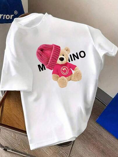 Plus Size Women's Daily Brand Elements: English Text, Pink Hat, Pink T-Shirt With A Yellow Face Cartoon Teddy Bear Print Round Neck Short Sleeve Casual Spring/Summer/Fall Plus-Size T-Shirt Valentine's Day/Back-To-School Summer,Summer Outfits,Summer Clothes,Summer Holiday Outfits,Summer Tops Tops For Women
