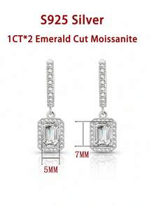 一对女士结婚耳环，4.4克925纯银吊坠长方形耳环，镶嵌1克拉*2颗莫桑石，奢华波西米亚宫廷风格，适合订婚、结婚纪念日、情人节等场合，附赠莫桑石证书和精美礼盒。 - 銀色 - 查看 2