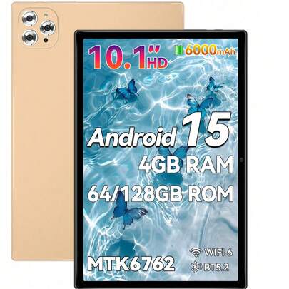 Qetupa 10.1英寸安卓15平板电脑，4GB RAM + 64GB ROM，MTK 6762八核1.8GHz处理器，高清(1280x800) IPS触摸屏，蓝牙5.2和802.11ac WiFi 5，GPS，500万像素前置摄像头和1300万像素后置摄像头，6000mAh大容量电池，不支持SIM卡，适合儿童/成人的圣诞礼物（不含适配器）