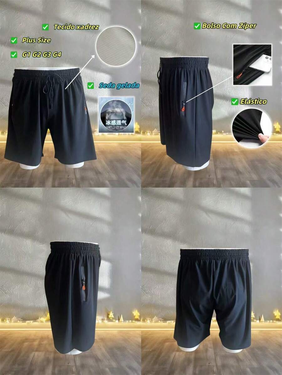 3-Piece Set Men's Cool Silk Gym Casual Shorts, Quick-Drying Yoga Shorts, Sizes G1 G2 G3 G4 Plus-Size - Xanh đậm - Xem 1