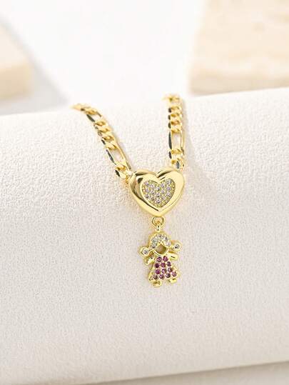 1 pieza Conjunto de collar con colgante de niña con circonita, incluye colgante de niña y colgante de corazón, adecuado para mujeres, uso versátil para verano, playa, Pascua, Día de San Valentín, regalo o uso personal