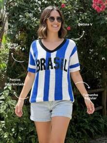 Brazil National Team Knit Blouse, Blue Brazil Shirt, Openwork Fabric, V-Neck, Knit Style, Brazil World Cup Look - 藍色 - 查看 2