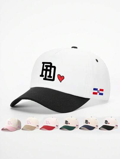 1pc Embroidered RD Heart & National Flag Patchwork Baseball Cap, Adjustable Outdoor Sun Protection Casual Hat Suitable For Spring/Autumn Travel, Beach, Unisex Y2K Style Cap