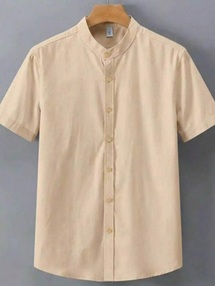 Men's Short-Sleeve Mandarin Collar Shirt, Summer Casual, Viscose-Linen - Màu be - Xem 1