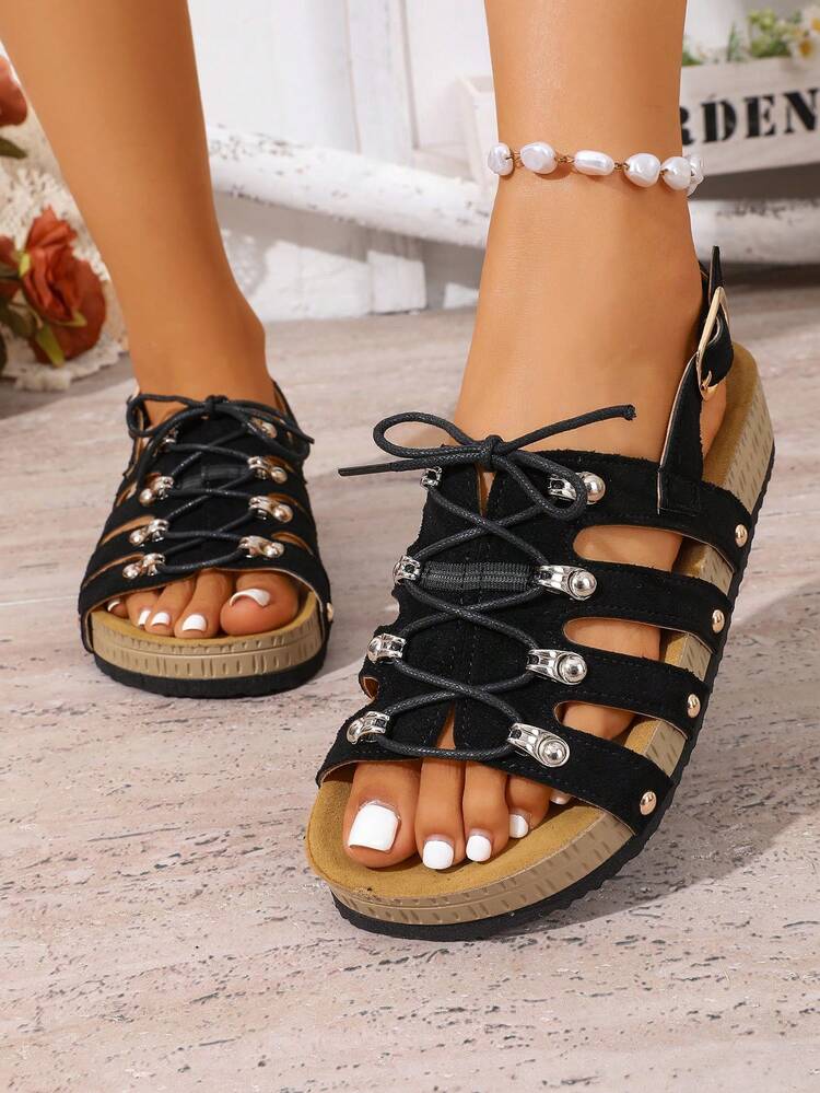 Summer New Men's Lace-Up Roman Sandals, Rivet Decor Adjustable Buckle Soft Cork Bottom Casual Shoes, Black Suede Lace-Up Roman Sandals, Rivet Decor Breathable Casual Shoes - Black - View 5