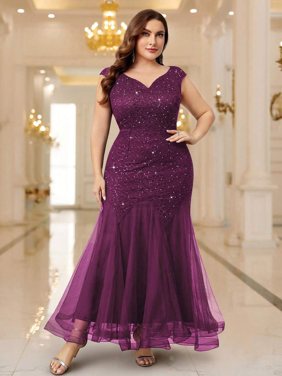 Plus Elegant Sweetheart Sequin Lace Sleeveless Mesh Mermaid Hem Formal Party Maxi Dress, Prom Evening Wedding Guest Dress, For Birthday, Graduation, Homecoming - 紫紅色 - 查看 1