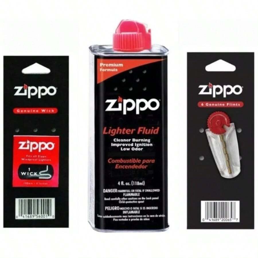 Kit Accesorios para Encendedor Zippo con Combustible Lighter Fluid, Mecha Original, Piedras Genuine Flints, Encendido Óptimo, Combustión Limpia, Bajo Olor, Repuestos Oficiales, Mantenimiento, Portátil, Uso Diario - Ver 1