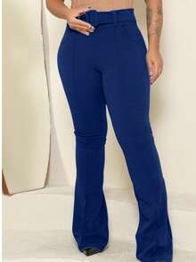 Women's Flare Ballerina Pants With Buckle, Lined, And Pocket - 藏蓝色 - 查看 1