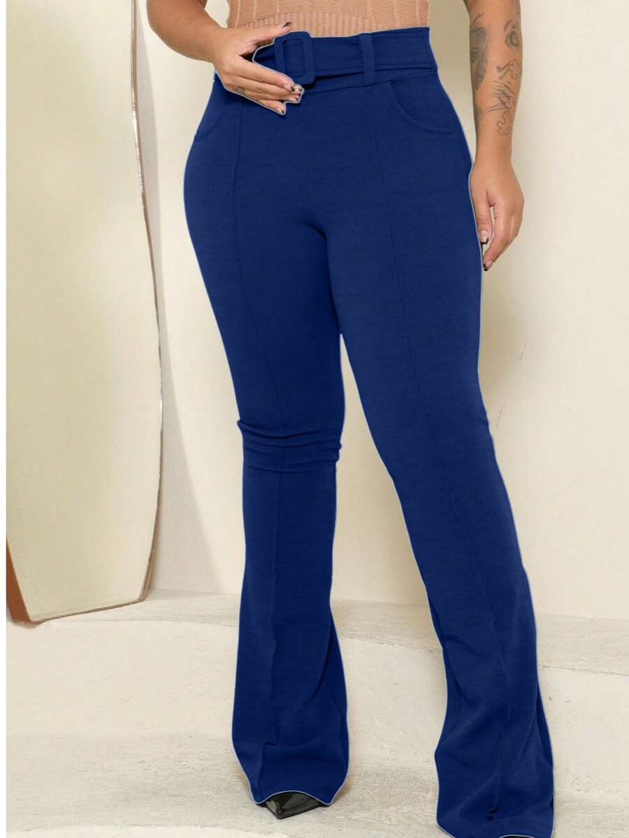 Women's Flare Ballerina Pants With Buckle, Lined, And Pocket - 藏蓝色 - 查看 1