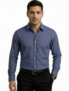 Rand paul Striped Long-Sleeved Dress Shirt With Refined Finish. - 藏蓝色 - 查看 1