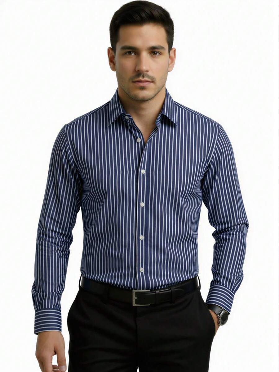 Rand paul Striped Long-Sleeved Dress Shirt With Refined Finish. - 藏蓝色 - 查看 1