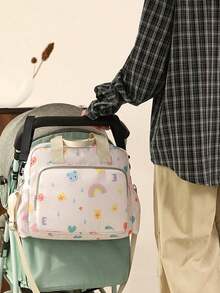 1pc Pastel Rainbow & Cartoon Sun Print Nylon Waterproof Large Capacity Multi-Compartment Dual Zipper Closure Cute Mommy Tote Bag, Suitable For Outings & Commuting - Multicolor Rainbow - View 7