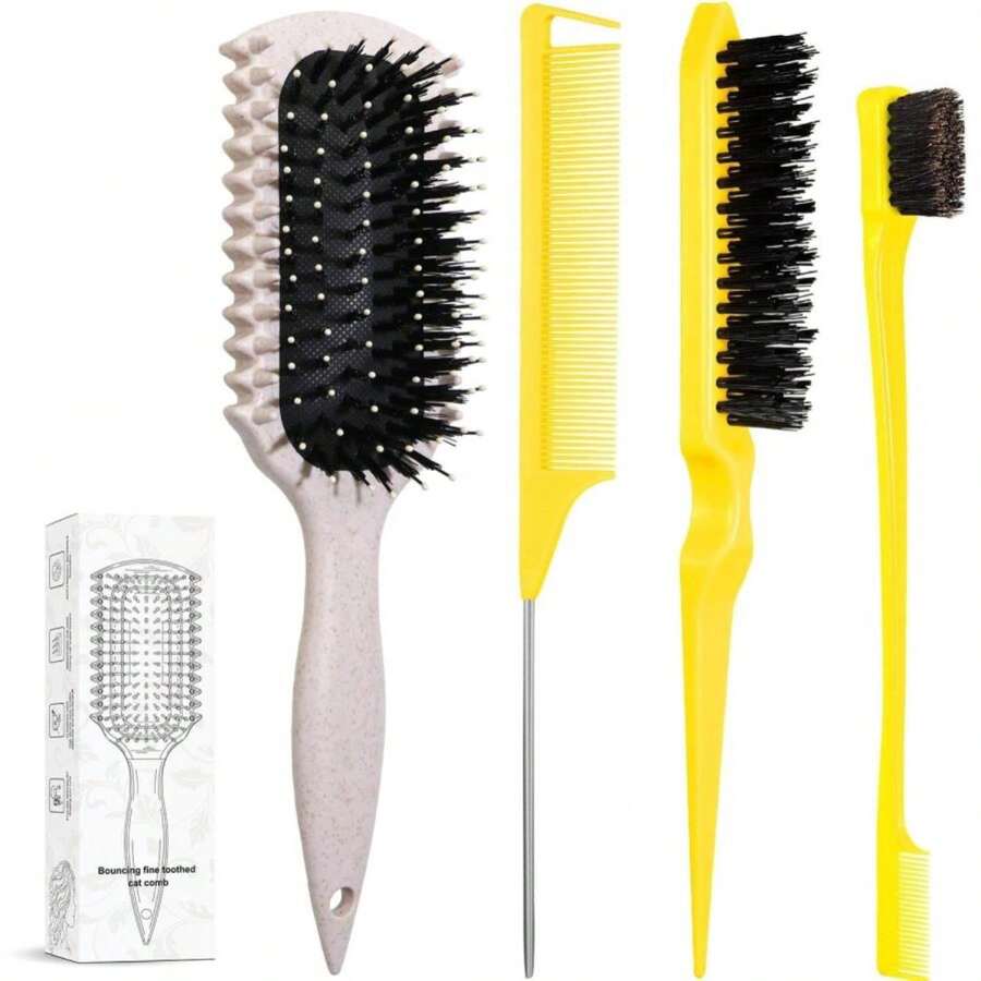 Curl Defining Brush, Curly Hair Brush Products With 3 Pcs Slick Back Hair Brush Set Bristle Brush Edge Control Teasing Comb For Women (Beige) - ColorA - 查看 1