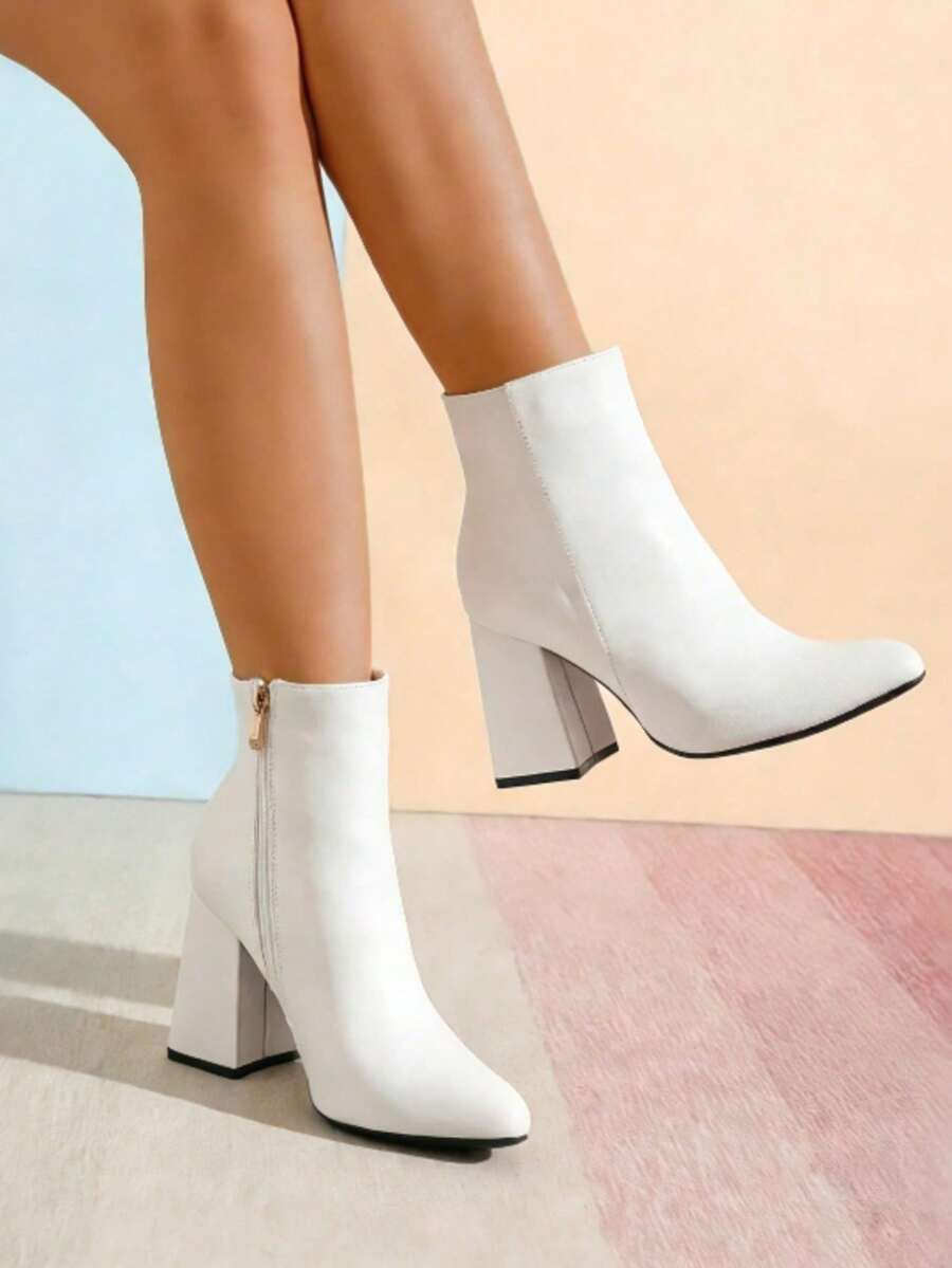 Women's High Heel Ankle Boots, Square Toe Chunky Heel Short Boots, Winter New Nude Booties - trắng - Xem 1