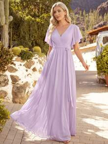 Bridesmaid Long Dress, Short Ruffle Sleeves, Deep V-Neck, Chiffon Fabric, Pleated Design, Tie-Up Style - Mauve Purple - View 2