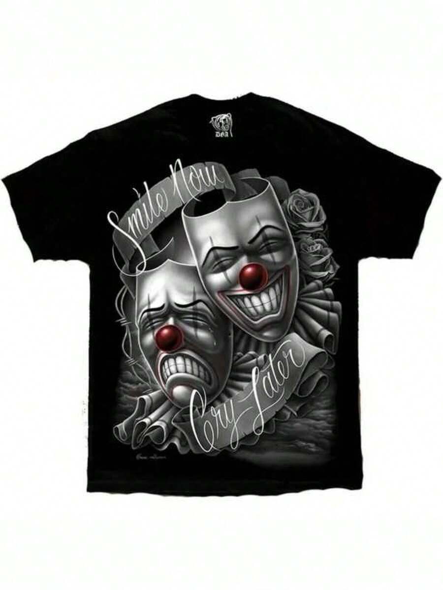 Graphic Tees 100% Cotton DGa Drama Mask Lowrider  Art Smile Now Cry Later David Gonzales T Shirt Man Menswear Graphic Tee Suitable For Outdoor Casual Wear In Summer - màu đen - Xem 1