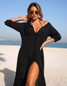Women's Long Kimono, Summer Fashion, Beach Cover-Up, Short-Sleeved Overcoat - màu đen - Xem 1