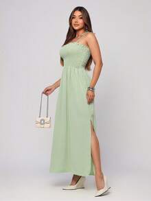 Women's Long Dress With Slit And Elasticated Bust - Affordable And Elegant - Xanh nước biển - Xem 6
