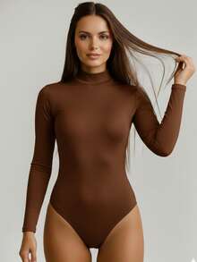 Women's Basic Second Skin Bodysuit Set With High Neck And Long Sleeves - High Fashion Blogger Style - 2-piece Set (Brown + Brown) - View 6
