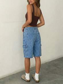 Women's Multi-Pocket Casual Cargo Denim Bermuda Shorts - Medium Wash - View 3