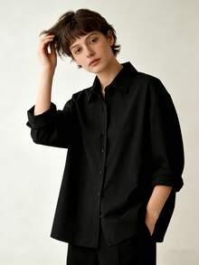 Women's Casual Long Sleeve Shirt, Solid Color, Buttoned Collar, Perfect For Everyday And Work Wear. - 查看 4