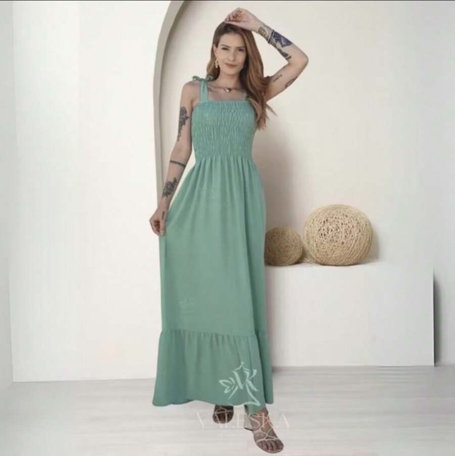 Women's Long Dress With Elastic And Adjustable Straps, Casual Style. - 薄荷綠 - 查看 1