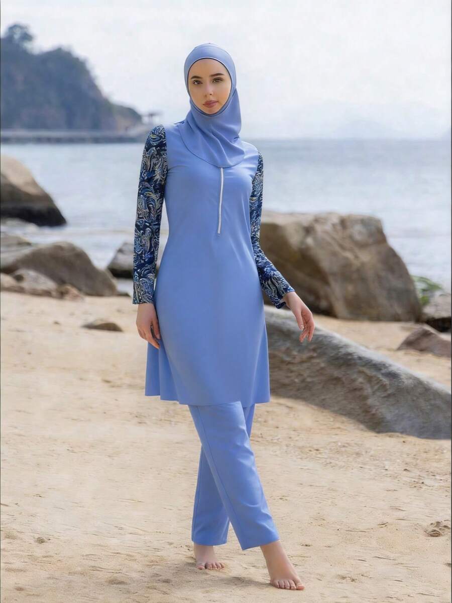 Middle Eastern Style 3 Pieces Set : Long Sleeve Top, Long Pants, And Hooded Modest Swimsuit For Women, Summer Beach - Mauve Purple - View 1