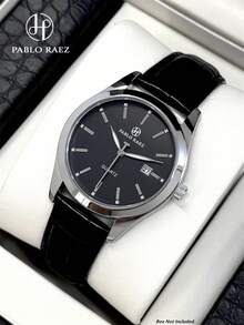 Pablo Raez 1pc Black Suit Cool Man Watch Fashion Casual Wristwatch For Man Stainless Steel Silver IPS Plated Case Luxury Black Soft & Comfortable Microfiber Leather Superior Sense Luminous Bar Scales Face With Date 50M Waterproof Top Brand New AAA Male Quartz Wristwatch Sports Elegant Clock Nice Business Gift For Friend Or Family Father Presents Fit For Daily Life/Work/Party Decorations Dress Watch Birthday Retro - one-size - View 2
