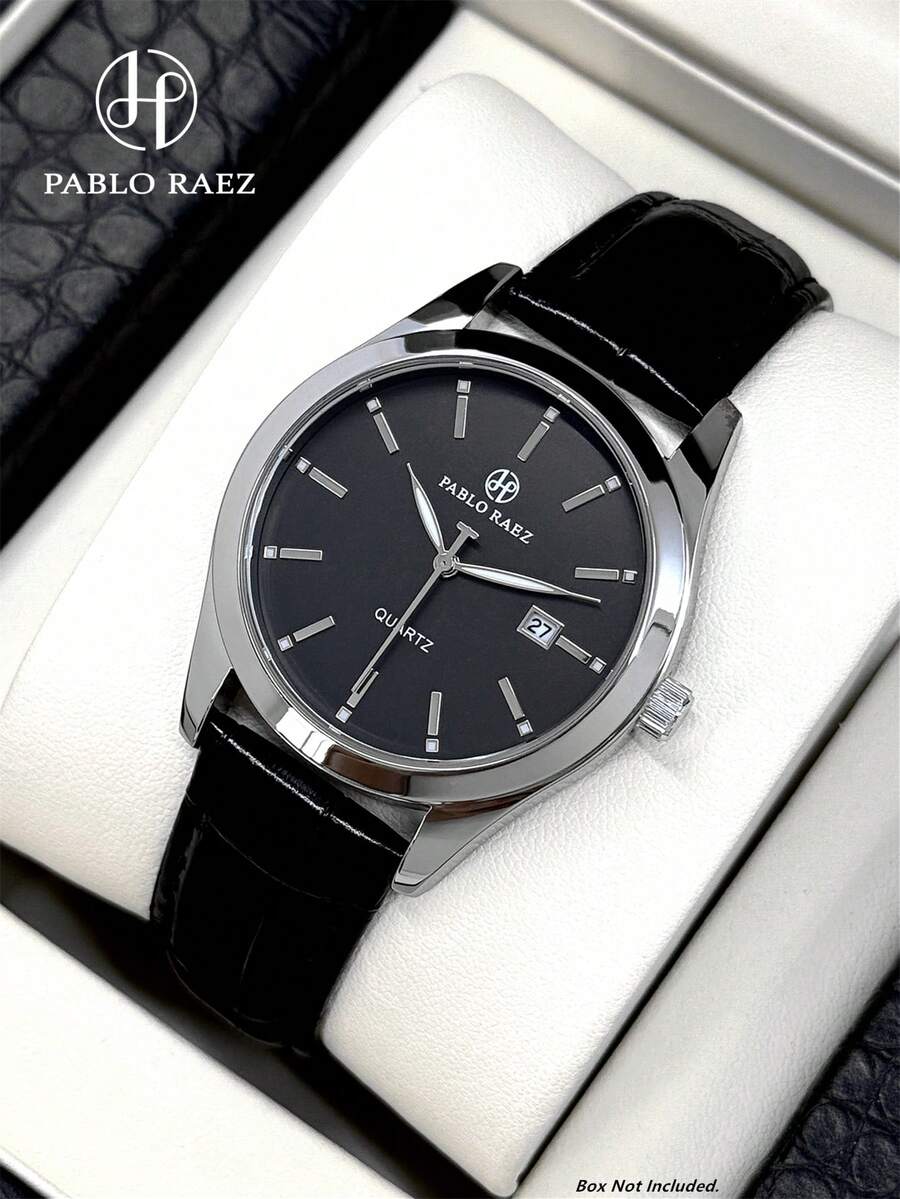 Pablo Raez 1pc Black Suit Cool Man Watch Fashion Casual Wristwatch For Man Stainless Steel Silver IPS Plated Case Luxury Black Soft & Comfortable Microfiber Leather Superior Sense Luminous Bar Scales Face With Date 50M Waterproof Top Brand New AAA Male Quartz Wristwatch Sports Elegant Clock Nice Business Gift For Friend Or Family Father Presents Fit For Daily Life/Work/Party Decorations Dress Watch Birthday Retro