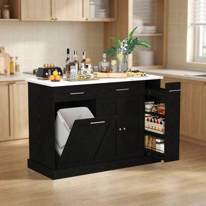 Kitchen Island With Storage On Wheels, Rolling Kitchen Island With Trash Can, Spice Rack & Towel Rack, Movable Island Table For Kitchen, White/ Black/ Black & Marble/ Grey & Marble/ Blue/ Mint Green/ Olive Green