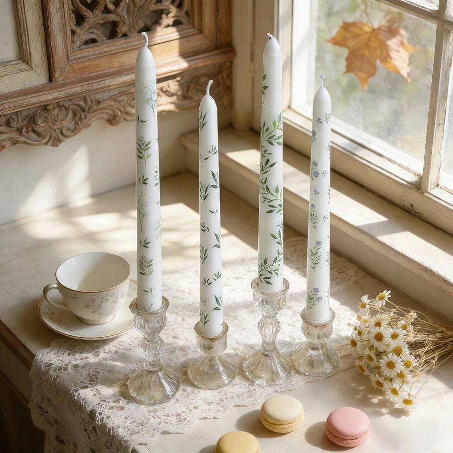 2 piezas Velas largas con estilo europeo impresas, velas con estampado botánico, velas de cera de soja sin humo, crean ambiente, meditación e iluminación, gran regalo, velas largas, longitud 25cm (9.84 pulgadas), adecuadas para el comedor - 2pcs - Ver 1