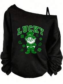 Black Off-Shoulder Long-Sleeve Top With Green Graphic Design (LUCKY, Leprechaun, Shamrocks) - Festive St. Patrick's Day Casual Tee St Patrick'S Day - 白色 - 查看 7