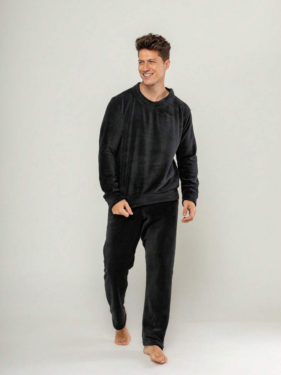 Men's Ultrasoft Long Fleece Pajamas For Cold Winter - 黑色 - 查看 1