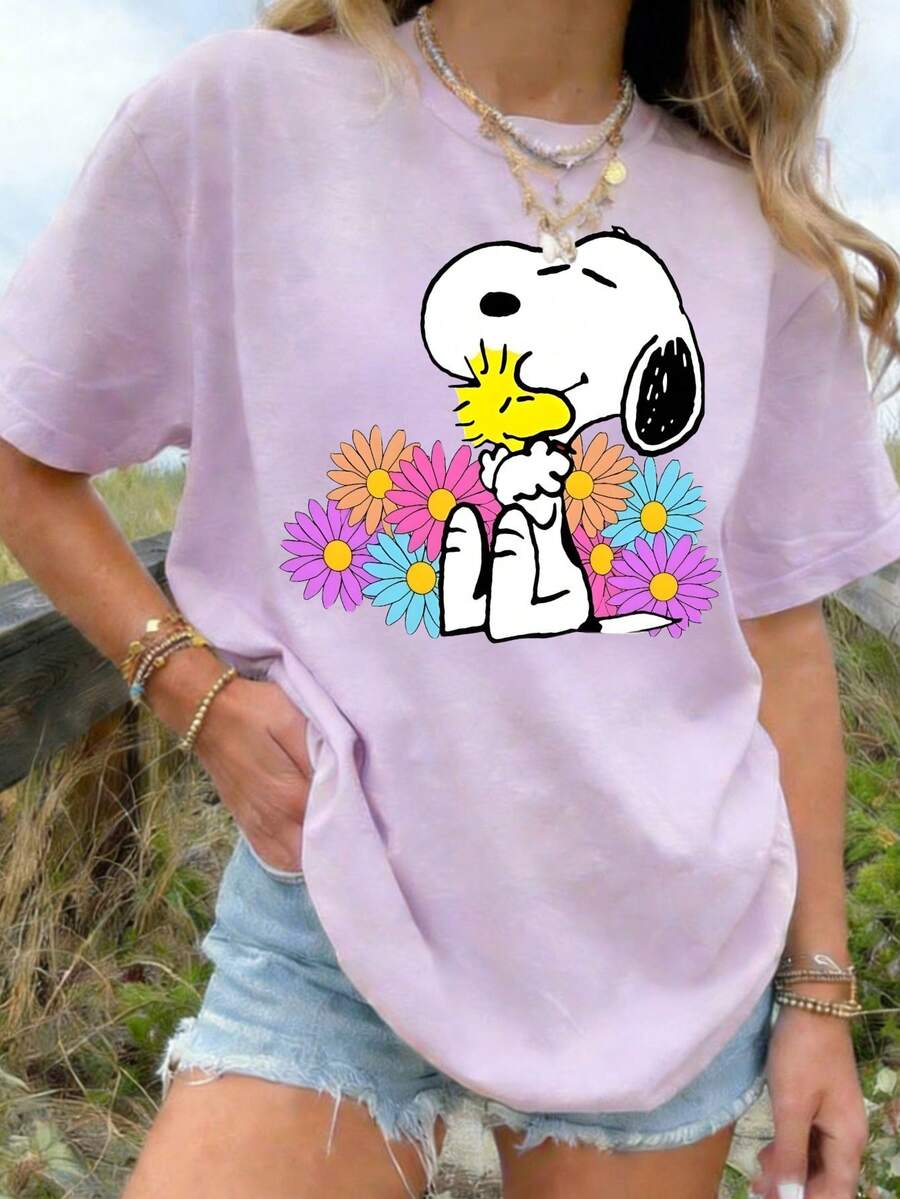 SNOOPY-Colorful Daisy "Snoopy Confused Collapse Customer Embracing Pattern T-Shirt Looks Thin Half Sleeve Girl's Heart Out Of The Street Eye Catching Item - Màu tím hoa cà - Xem 1