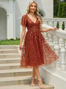 EVERPRETTY Đầm dạ hội màu cam tươi sáng, tay áo cánh bướm đính sequin họa tiết hoa, thích hợp cho các buổi tiệc và liên hoan mùa xuân. - Màu Cam cháy - Xem 2