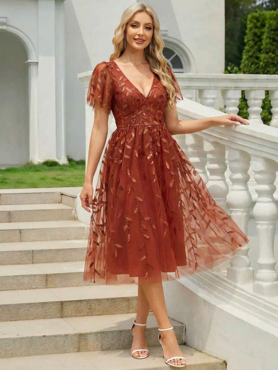 EVERPRETTY Đầm dạ hội màu cam tươi sáng, tay áo cánh bướm đính sequin họa tiết hoa, thích hợp cho các buổi tiệc và liên hoan mùa xuân.