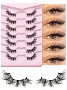 GROINNEYA 7对半条式假睫毛，透明带猫眼假睫毛，轻盈蓬松的貂毛假睫毛，拉长眼尾，飞扬的交叉假睫毛，精致可重复使用，适合日常通勤、约会、婚礼宾客、旅行和节日妆容。 - 查看 9
