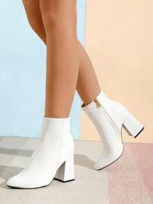 Women's High Heel Ankle Boots, Square Toe Chunky Heel Short Boots, Winter New Nude Booties - trắng - Xem 2