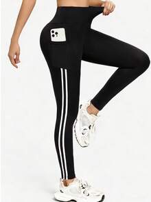 1-Pack High-Waisted Yoga Pants, Double-Stripe Design, With Pockets, Ultra-Stretchy, Comfortable, And Machine-Washable, For Yoga And Fitness Workouts. - 黑色 - 查看 2